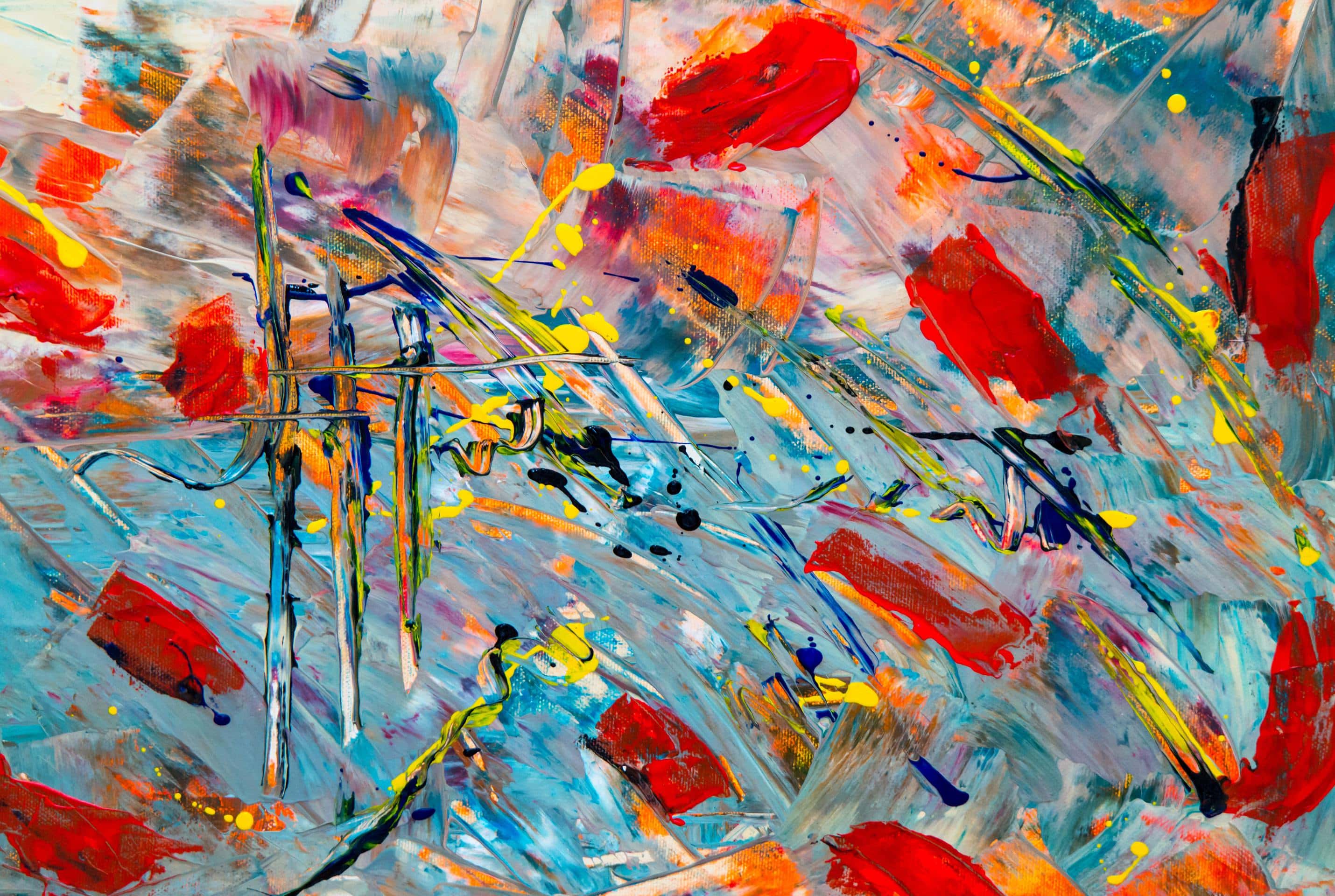An abstract painting featuring red and blue flowers that follows the 7 Essential Logo Design Rules.