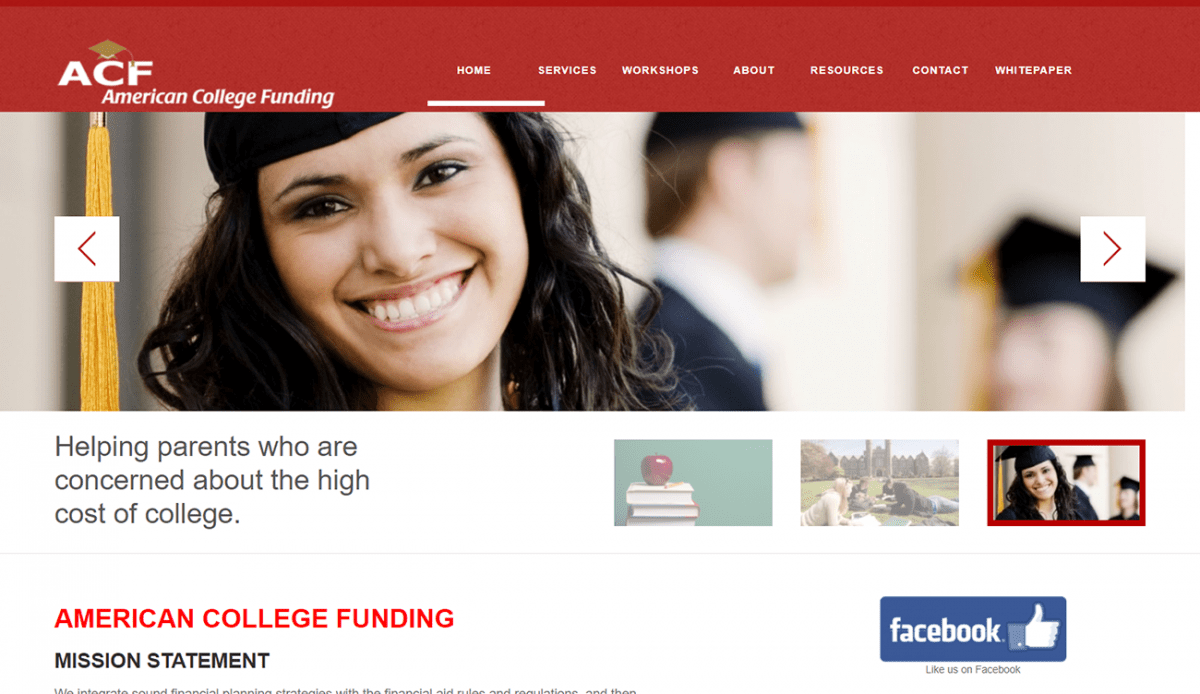A website design for American college funding.