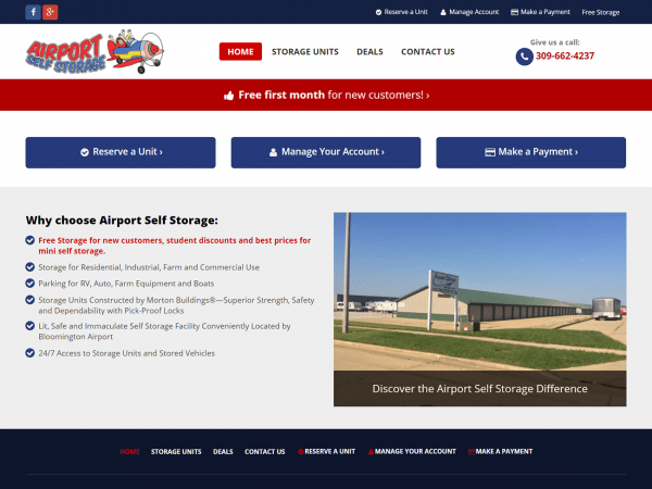A website design for Airport Self Storage, a storage company.