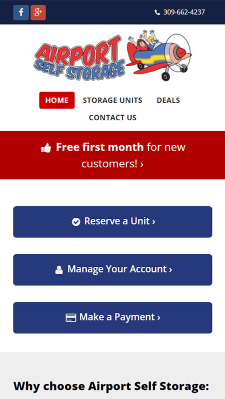 A website design for Airport Self Storage, a storage company.