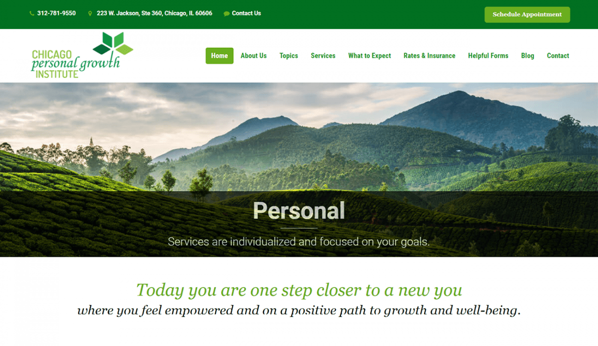 A website design for the Chicago Personal Growth Institute with green and white colors.