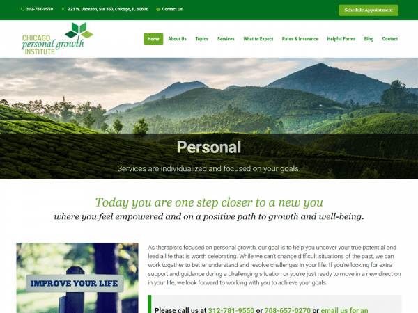 A website design for the Chicago Personal Growth Institute with green and white colors.