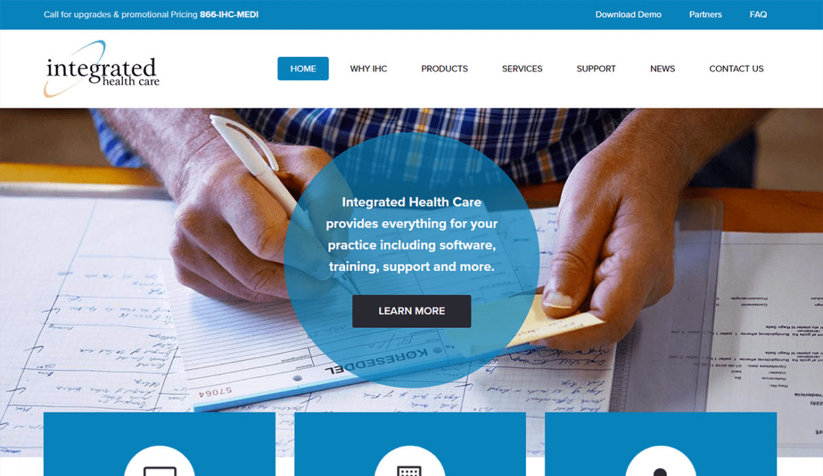 A blue and white website design for a law firm specializing in Integrated Health Care.