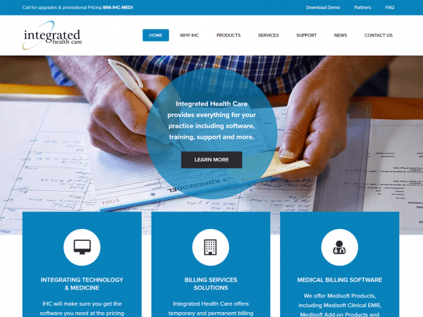 A blue and white website design for a law firm specializing in Integrated Health Care.