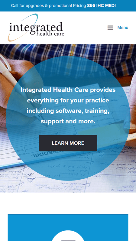 A web page showcasing integrated health care services with a blue and white color scheme and a blue background.