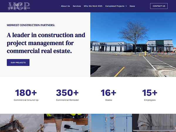 Screenshot of MCP's website highlighting construction and project management services. Features a building image, company stats, and navigation menu at the top, showcasing their role as trusted partners across the Midwest.