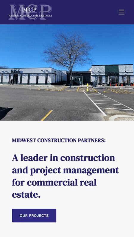 Enjoy a panoramic view of the city skyline above sections highlighting a countdown, news articles, and details on Midwest Construction Partners' projects, complete with maps and initiatives.
