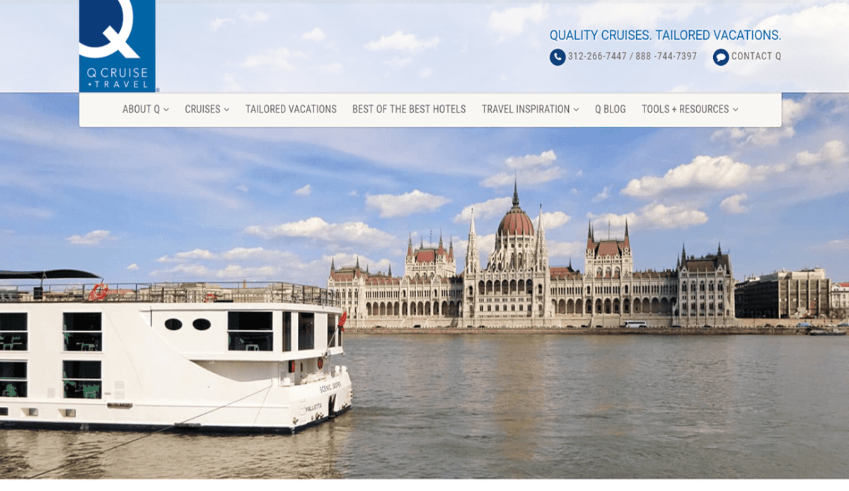 A website homepage for Q Cruise + Travel, featuring a river cruise ship on a river with a cityscape background, navigation menus, service icons, and information about vacation and cruise travel planning.