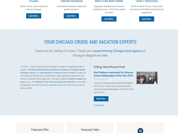 A website homepage for Q Cruise + Travel, featuring a river cruise ship on a river with a cityscape background, navigation menus, service icons, and information about vacation and cruise travel planning.