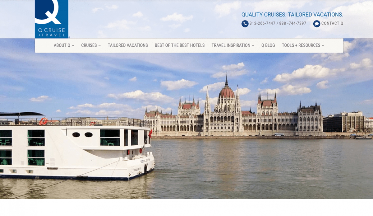 A website design for Q Cruise, a boat company in Budapest.