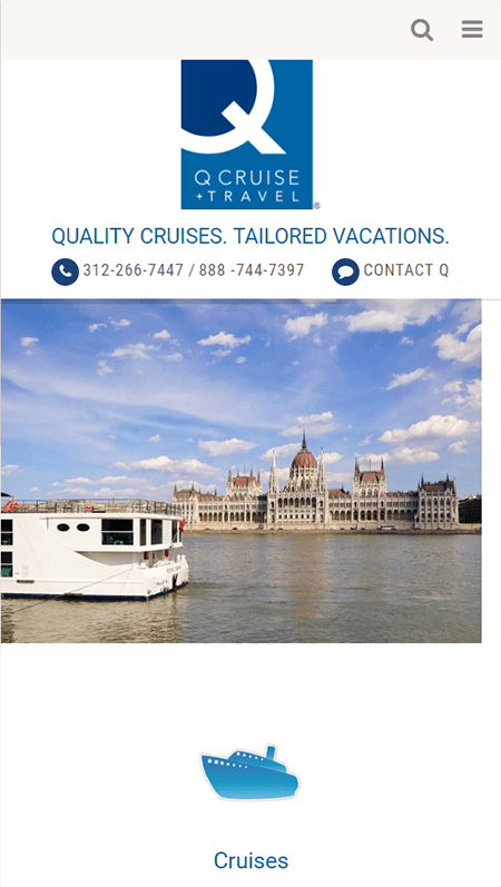 A Q Cruise + Travel website featuring a blue and white background.
