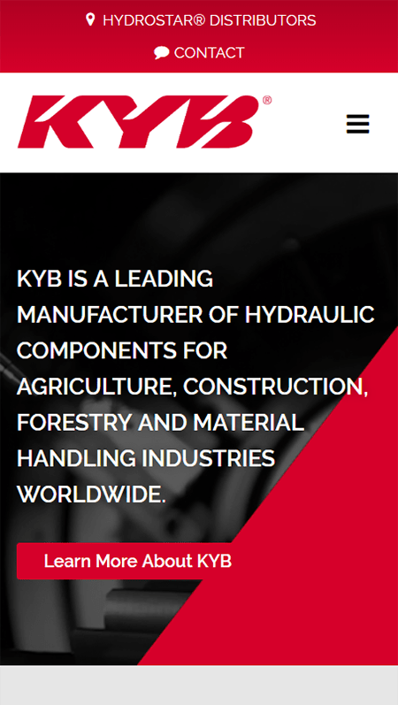 A website for KYB Americas Corporation with a red and black design.