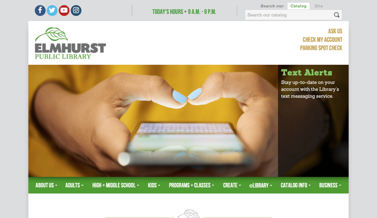 A website design for Elmhurst Public Library.