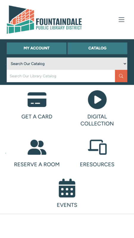 The homepage of Fountaindale Public Library website.