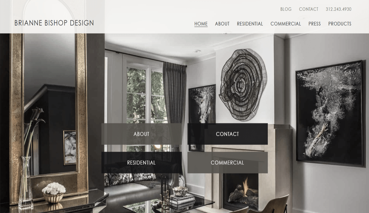 A black and white website design for Brianne Bishop Design, a furniture store.
