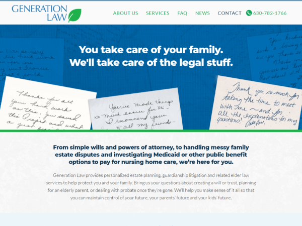 The homepage of a Generation Law website with a blue and green background.