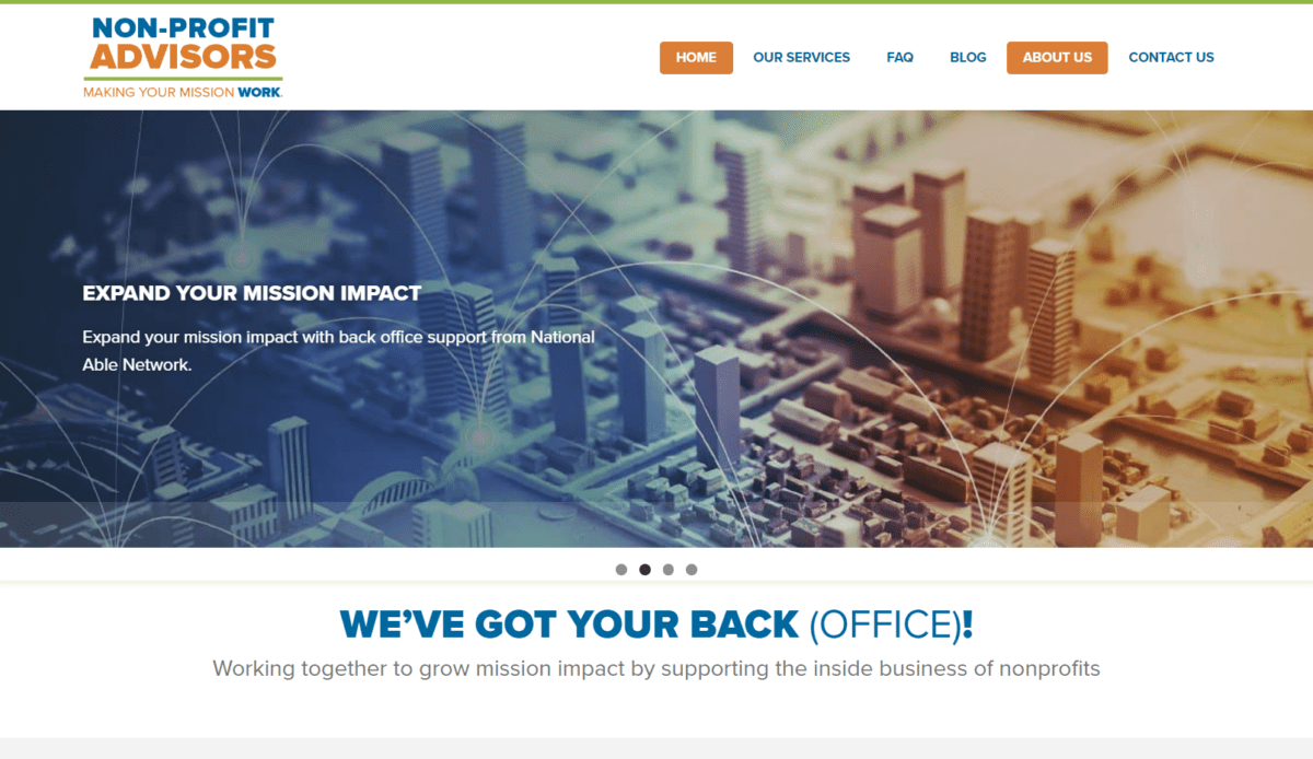 A website design for a Non-Profit Advisors company with a blue and orange color scheme.