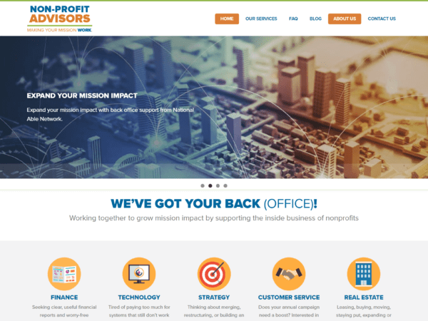 A website design for a Non-Profit Advisors company with a blue and orange color scheme.