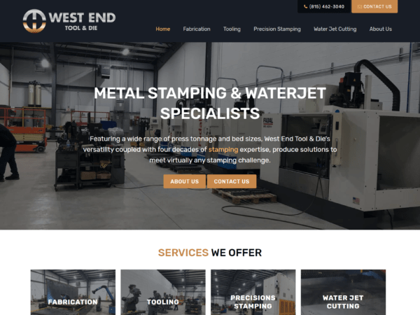 A website design for West End Tool & Die, a metal stamping specialist.