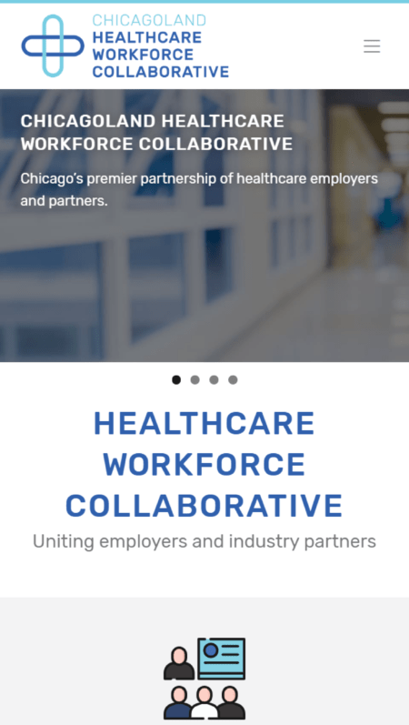 The chicagoland healthcare workforce website homepage features a blue and white background.