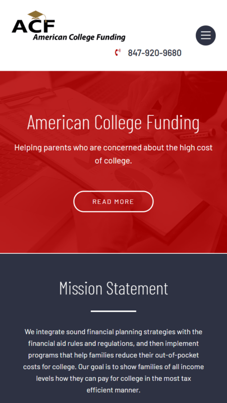 A red and white website design for the American College Funding law firm.