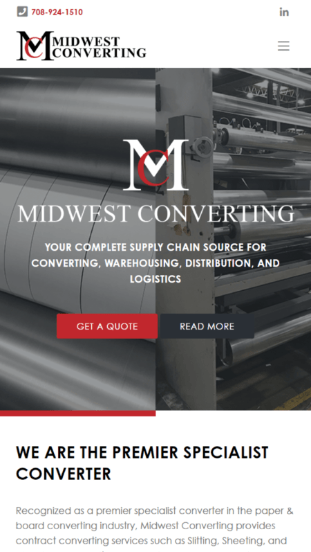 A screen shot of Midwest Converting website displaying red and black background.