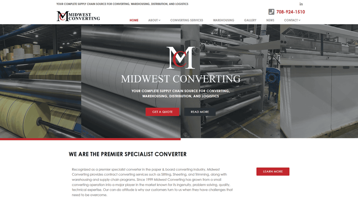 Homepage of Midwest Converting website featuring large machinery, company information, service offerings, staff photos, and contact details in a clean, modern layout with Midwest Converting’s signature red, black, and white color scheme.