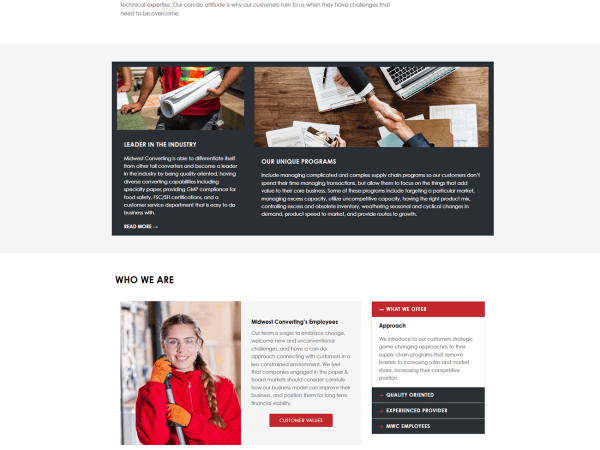 Homepage of Midwest Converting website featuring large machinery, company information, service offerings, staff photos, and contact details in a clean, modern layout with Midwest Converting’s signature red, black, and white color scheme.