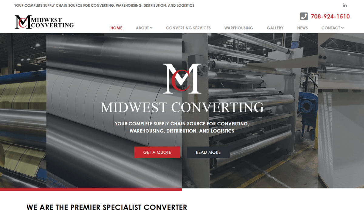 A website design for M&M Engineering, specializing in Midwest Converting.