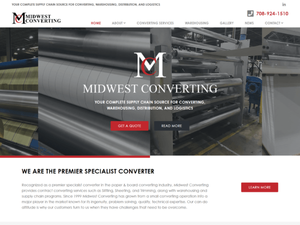 A website design for M&M Engineering, specializing in Midwest Converting.