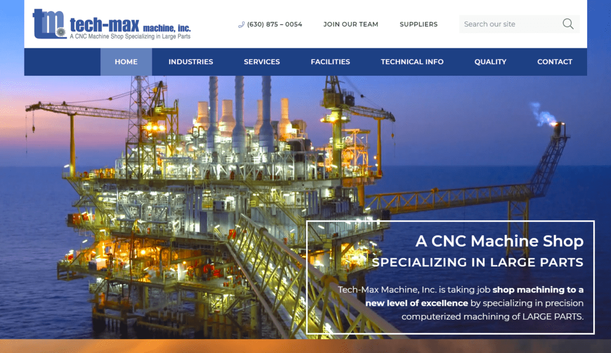 A website design for Tech-Max Machine, a company in the oil industry.