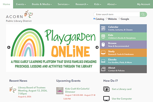 Screenshot of the Acorn Public Library website homepage with navigation menus, event listings, a search bar, and a colorful Playgarden ONLINE banner for a preschool learning platform.