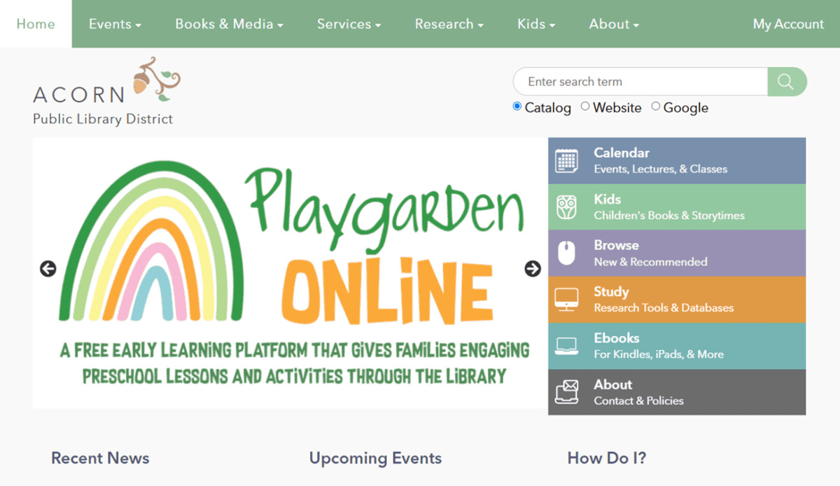 Screenshot of the Acorn Public Library website featuring a Playgarden Online banner, event listings, navigation menus, contact info, and resource links. The layout includes a sidebar with calendar, browse, study, and account options—offering everything you’d expect from a well-organized public library website.