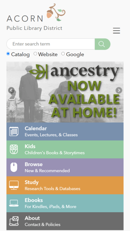 A web page displaying Acorn Public Library with a green background.