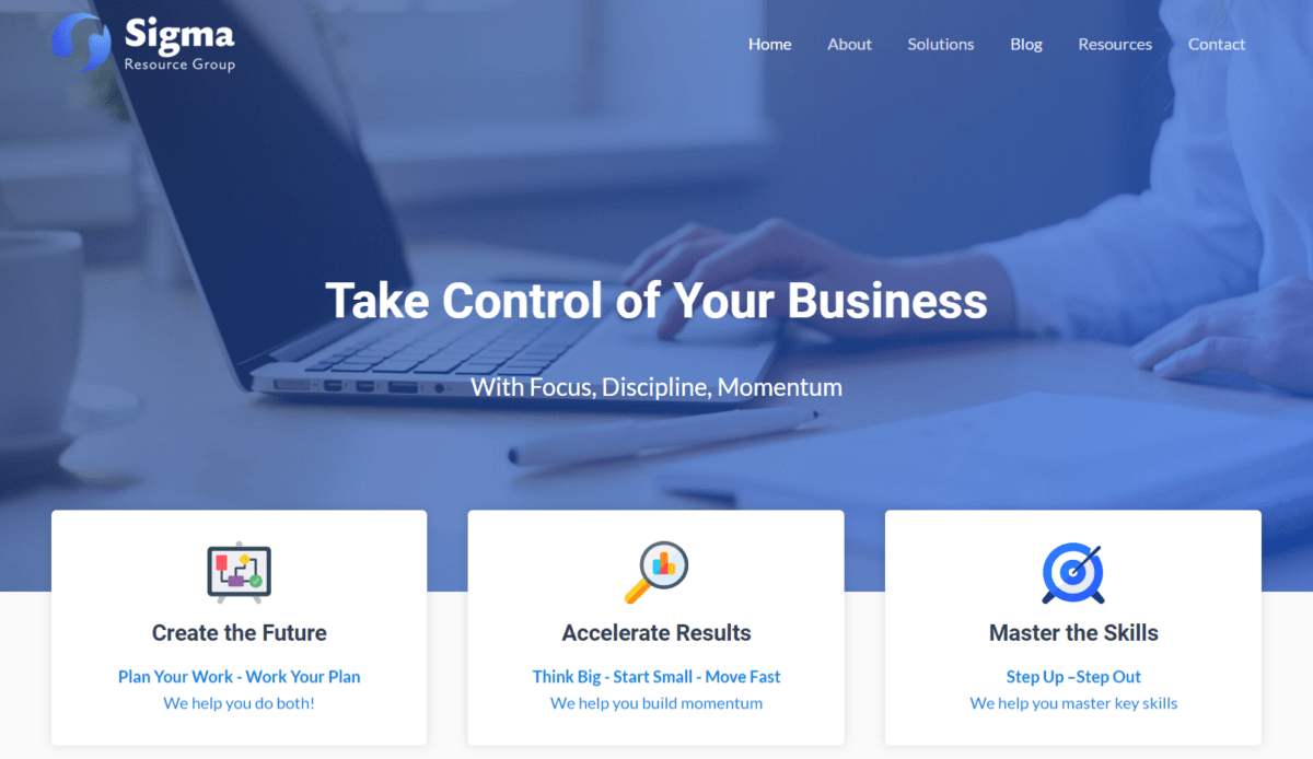 A blue and white website design for Sigma Resource Group.