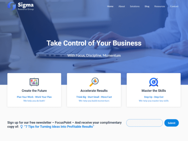 A blue and white website design for Sigma Resource Group.
