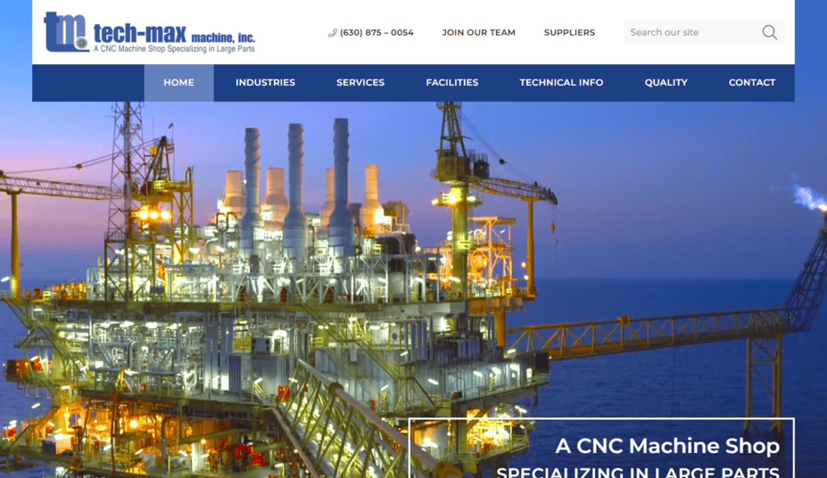 An industrial website homepage featuring an illuminated offshore oil platform at night, highlighting Tech-Max Machine’s advanced capabilities. The site includes dedicated sections on machine capabilities, industries served, certifications, a video showcase, team information, and contact details—all presented in a sleek blue and white layout.