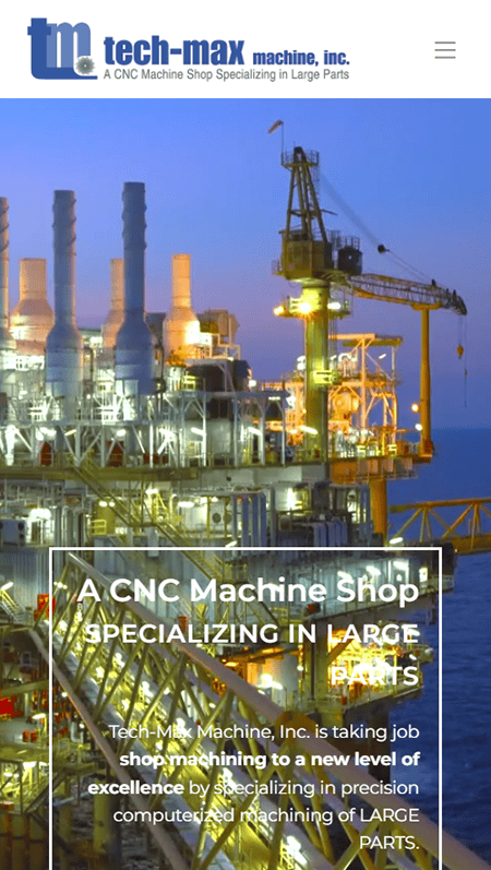 Website screenshot for Tech-Fin-tek Machine Co. and Tech-Max Machine, featuring images of industrial facilities, machinery, certificates, and people collaborating in an office, alongside text on services, capabilities, and certifications.
