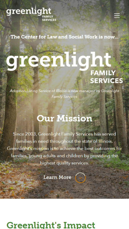 The homepage of Greenlight Family Services with a green background.