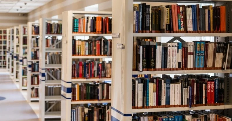 A row of accessible books in a library.