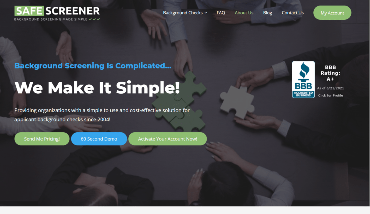 A website design for SafeScreener, a business.