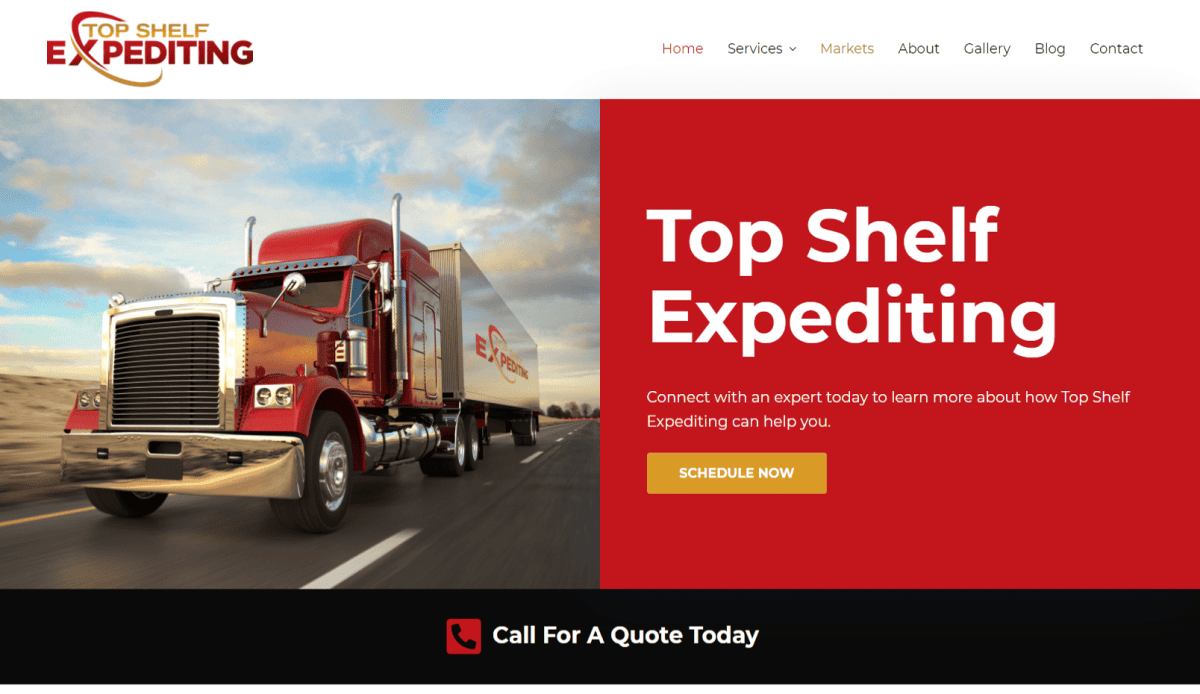 Screenshot of the Top Shelf Expediting website homepage, featuring a red truck, the Top Shelf Expediting company logo, navigation menu, call-to-action button, and sections about services, markets, and dispatching information.