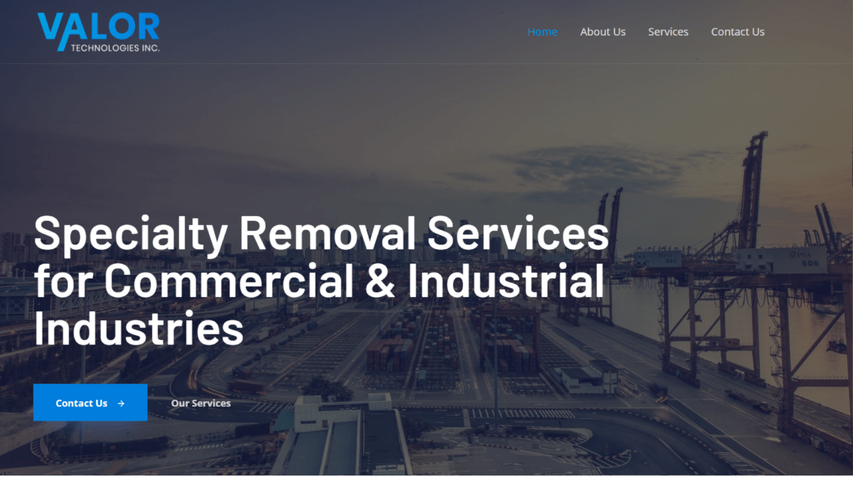 A Valor Technologies website design featuring blue and white for a construction company.