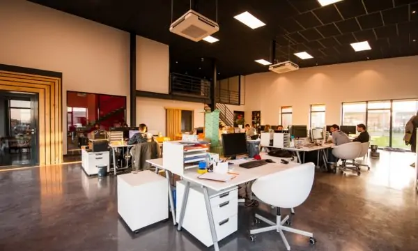 A large open office with people working at desks selling WordPress businesses.