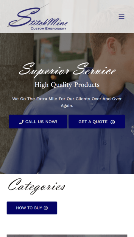 The StitchMine homepage features a blue and white background.