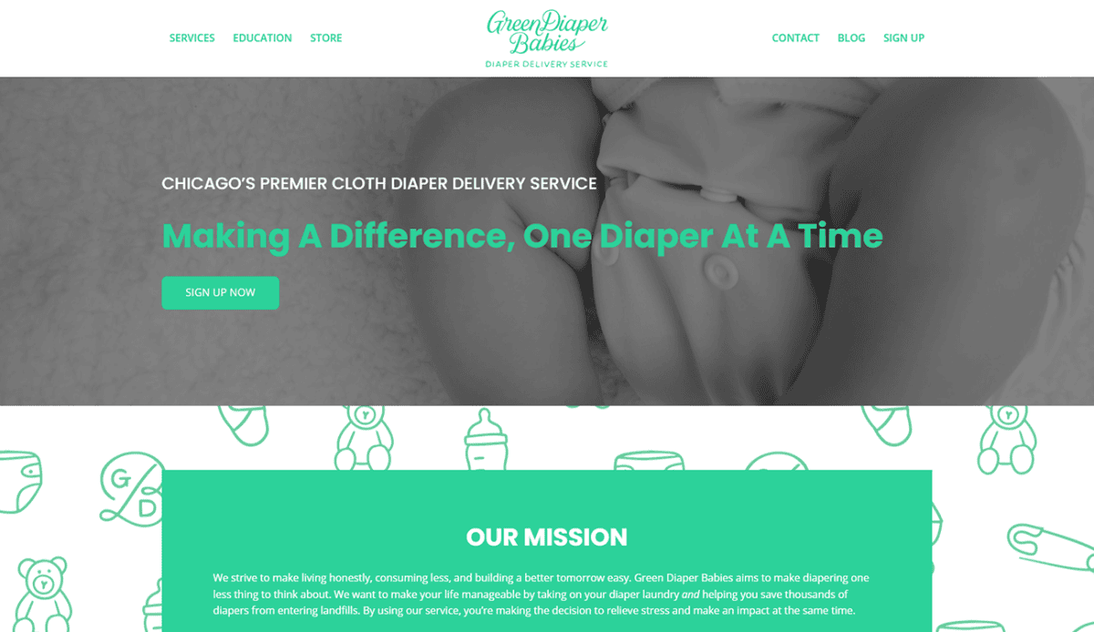 Screenshot of the Green Diaper Babies website, featuring green, white, and gray tones, images of babies, and sections about Green Diaper Babies’ cloth diaper delivery service, mission, offerings, and contact information.