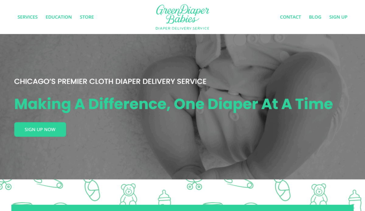 A website design for a baby care website featuring Green Diaper Babies.