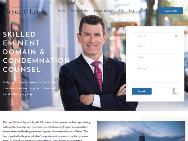 A website for The Law Office of Bryan P. Lynch featuring a man in a suit.