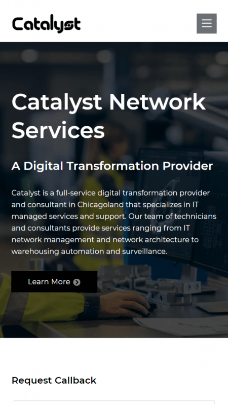The homepage of Catalyst Services with a monochrome background.
