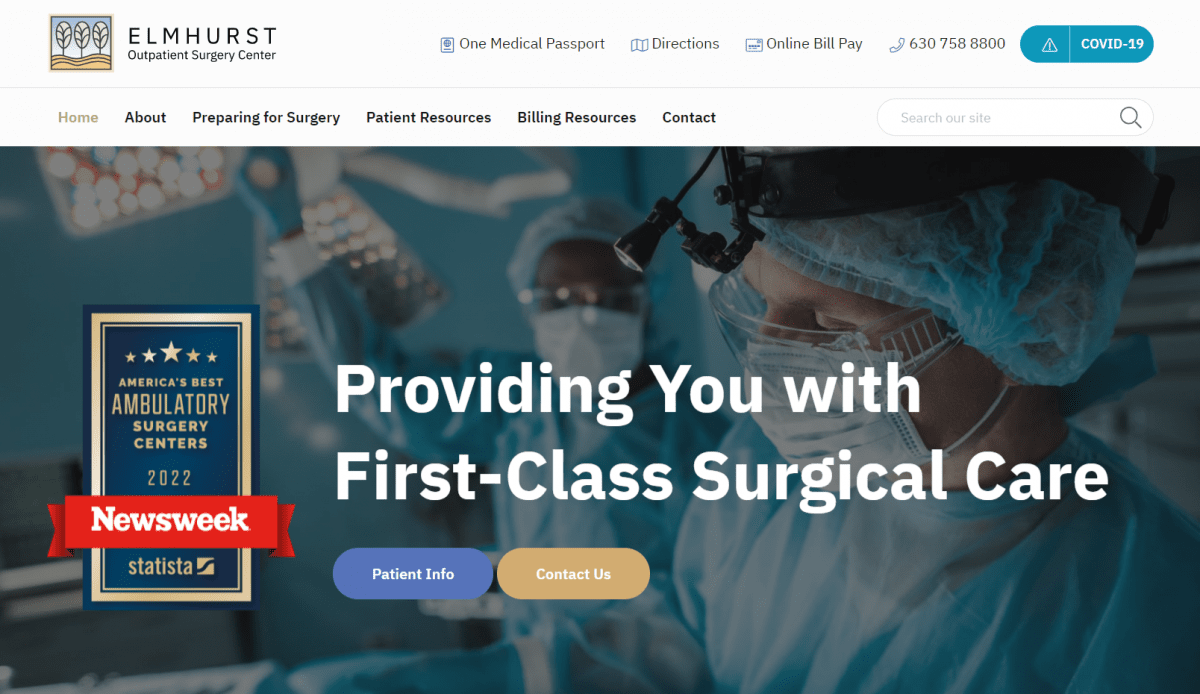 A website design for Elmhurst Outpatient Surgery Center, a medical clinic.